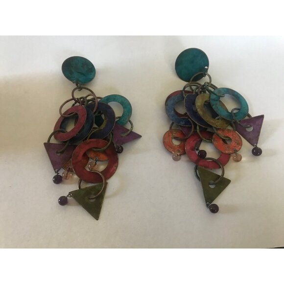 Vtg 1960's Handmade Mod Dangle 5 Drop Circles Clip On Earrings Deep Blue - Picture 8 of 8